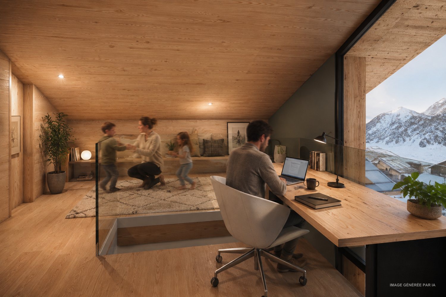 Bureau en mezzanine avec plan de travail devant une baie vitrée donnant sur les montagnes enneigées.