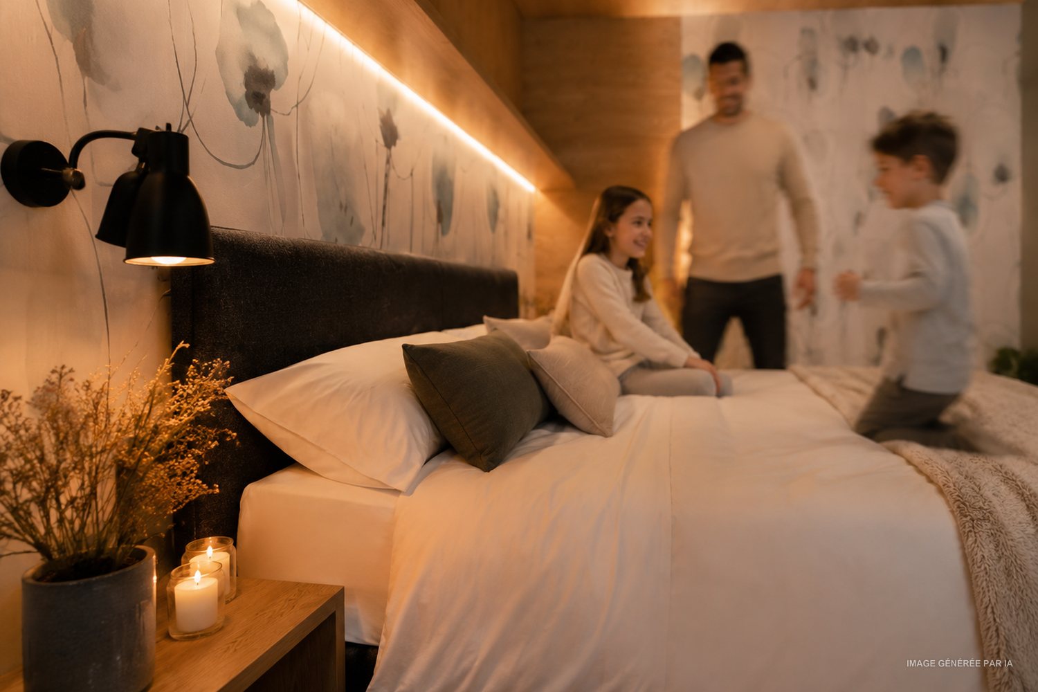La chambre de la mezzanine le soir : tête de lit éclairée en indirect, bougies sur la table de nuit.