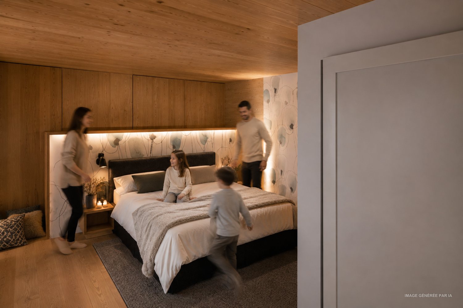 Chambre avec tête de lit habillée, rangements bois toute hauteur et éclairage indirect.