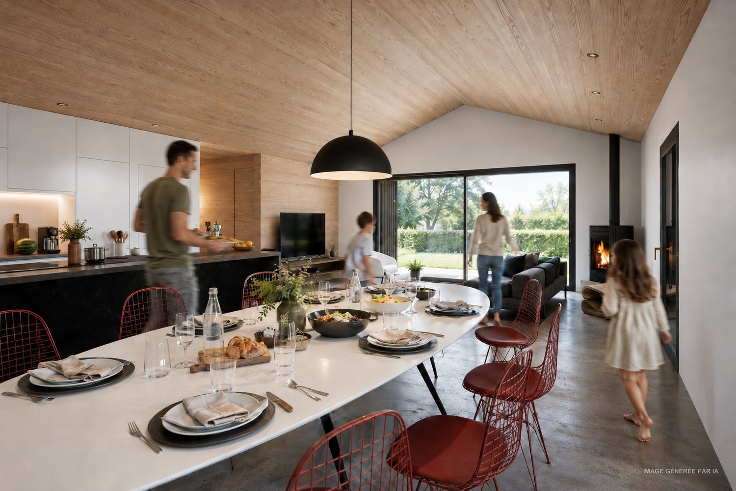 Coin à manger ouvert sur la cuisine et le salon, sous un plafond en rampant lambrissé, avec poêle à bois et baie coulissante.