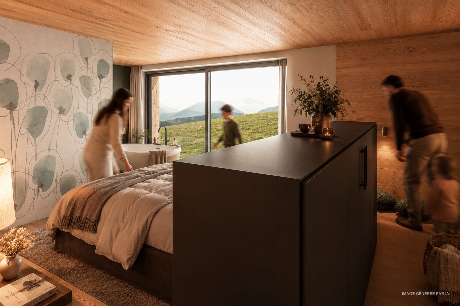 Espace parental avec lit et baignoire îlot devant une grande baie vitrée ouverte sur les prés.