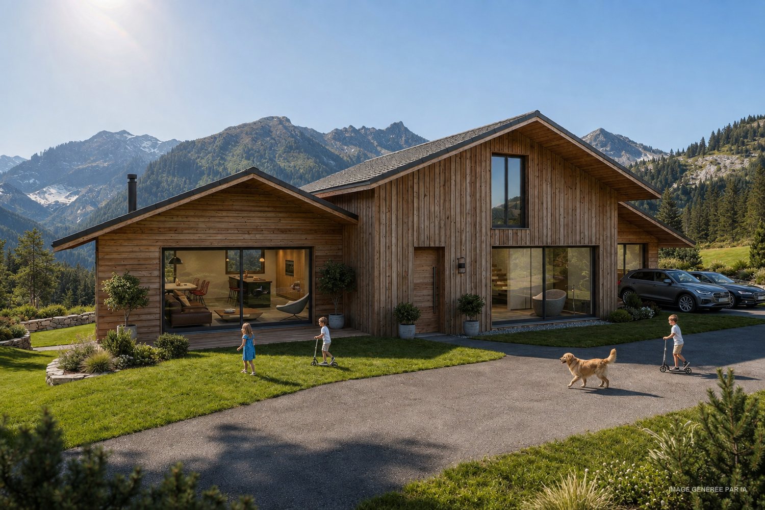 Façade sud du projet de villa, en été, avec les montagnes du Val de Bagnes en arrière-plan.
