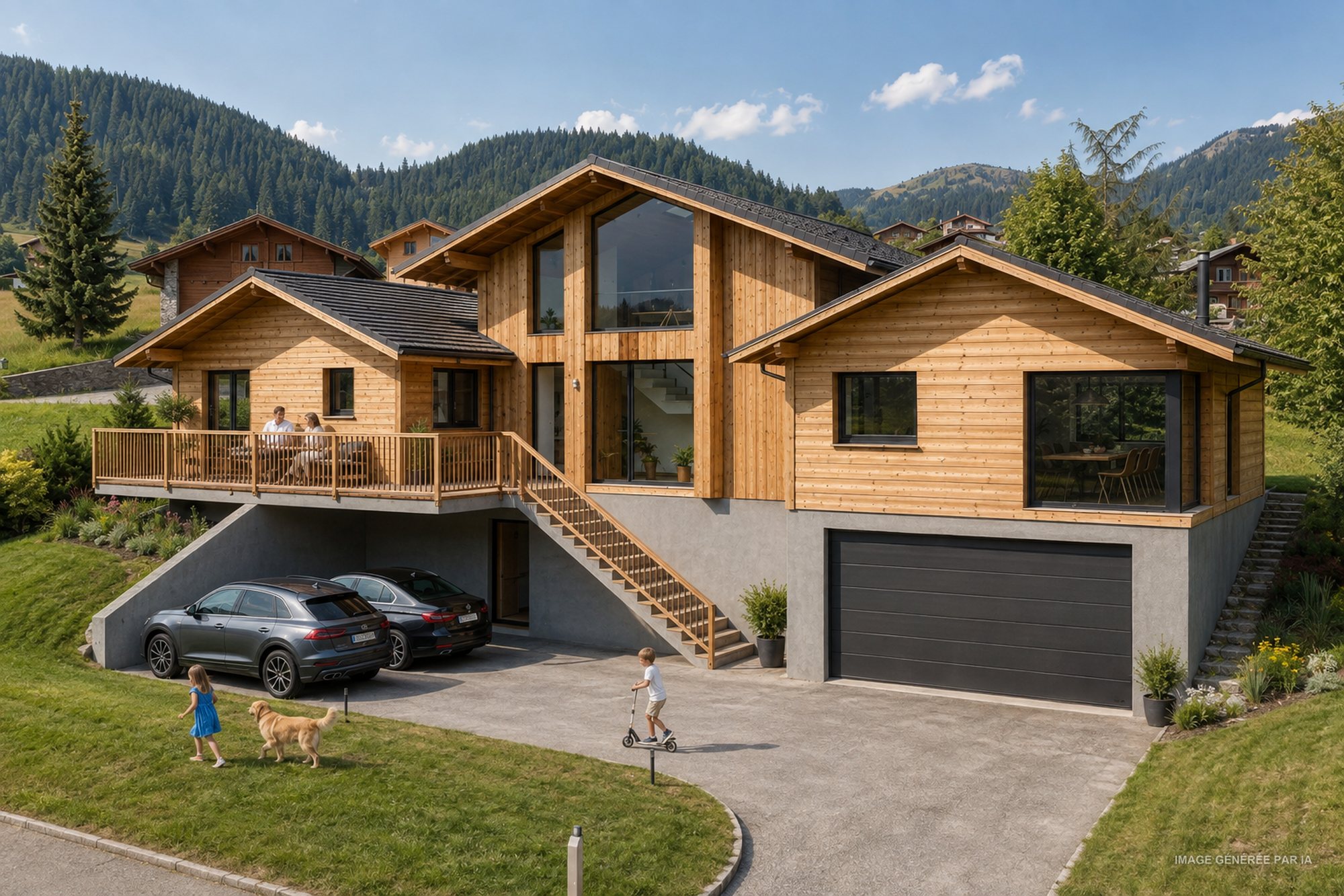 Vue du projet de villa depuis l'accès nord : garage double, places de parc couvertes sous la terrasse et escalier extérieur en bois.