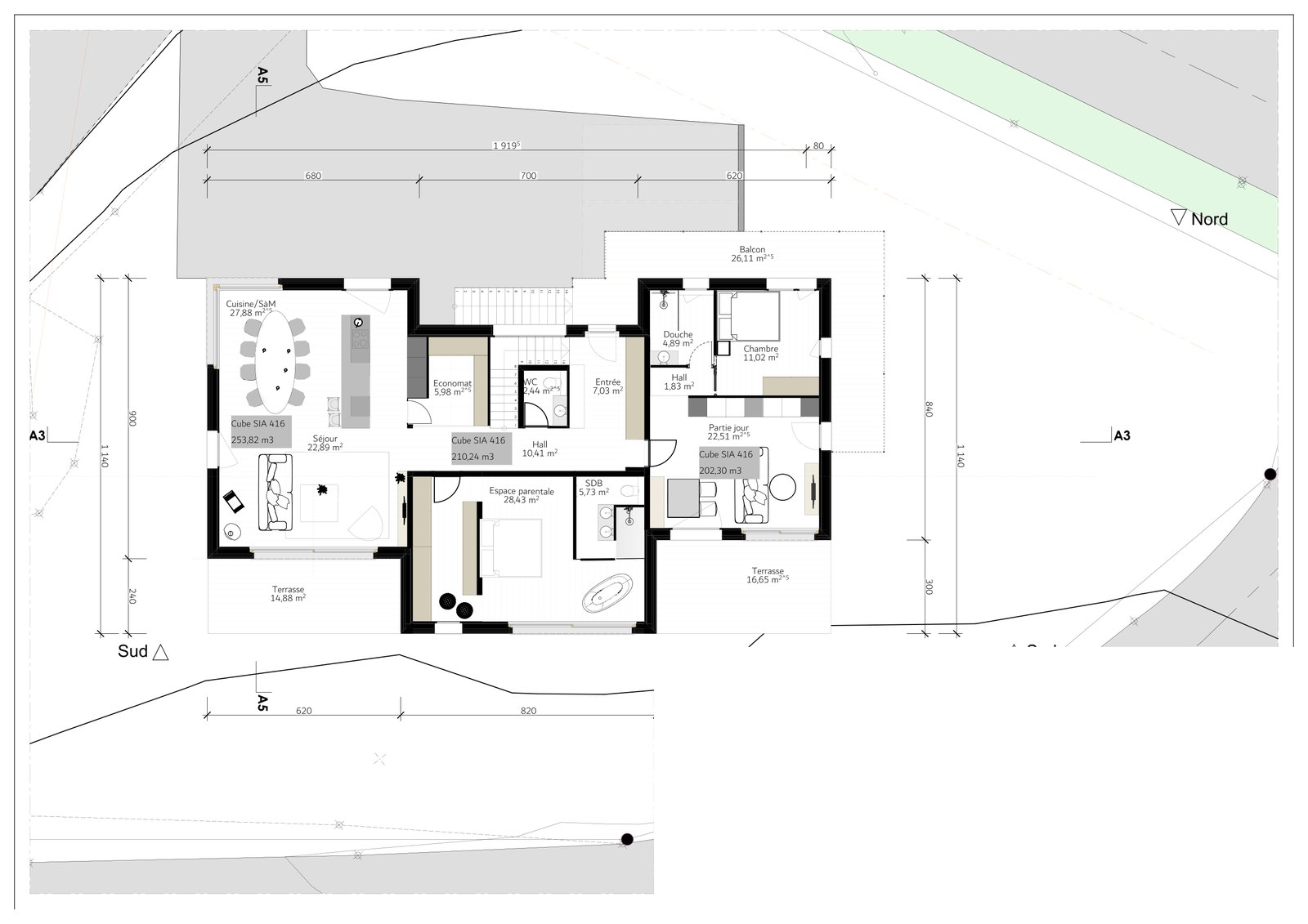 Plan de l'étage : les trois volumes, terrasses et balcon.