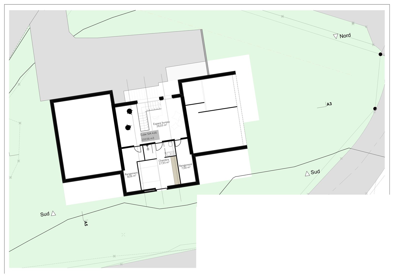 Plan de la mezzanine : chambre, bureau et rangements.