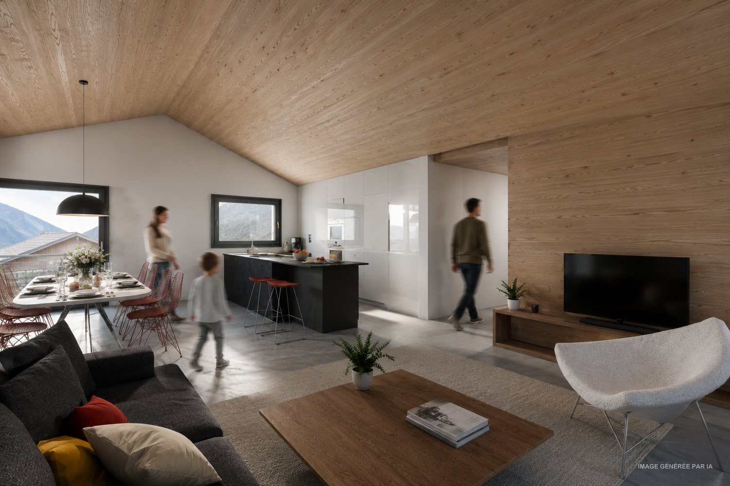 Séjour ouvert sur la cuisine, grande baie vitrée avec vue sur les montagnes.